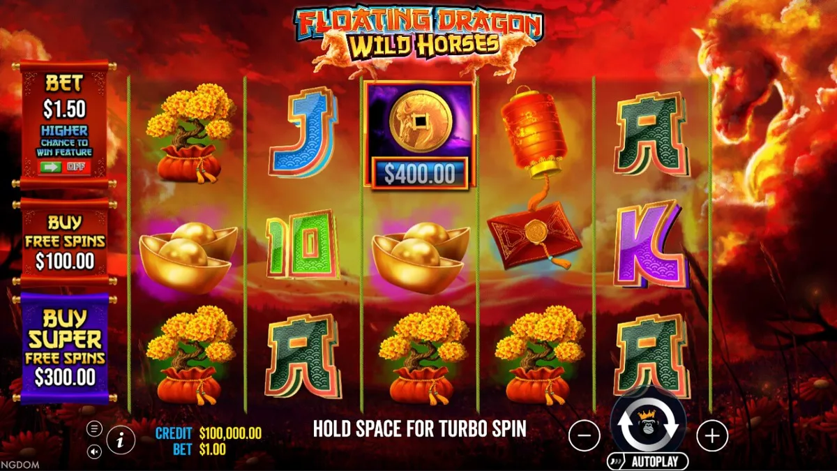 Floating Dragon Wild Horses slot machine interface featuring Asian-themed symbols and golden dragons.