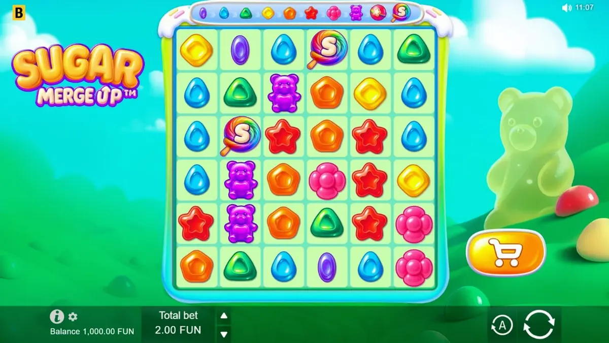 Sugar Merge Up slot game interface with candy symbols