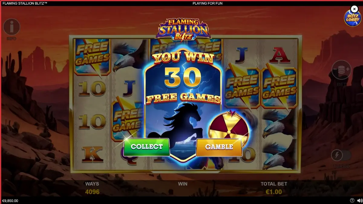 Visual utama Flaming Stallion Blitz menampilkan kuda api biru di latar belakang gurun